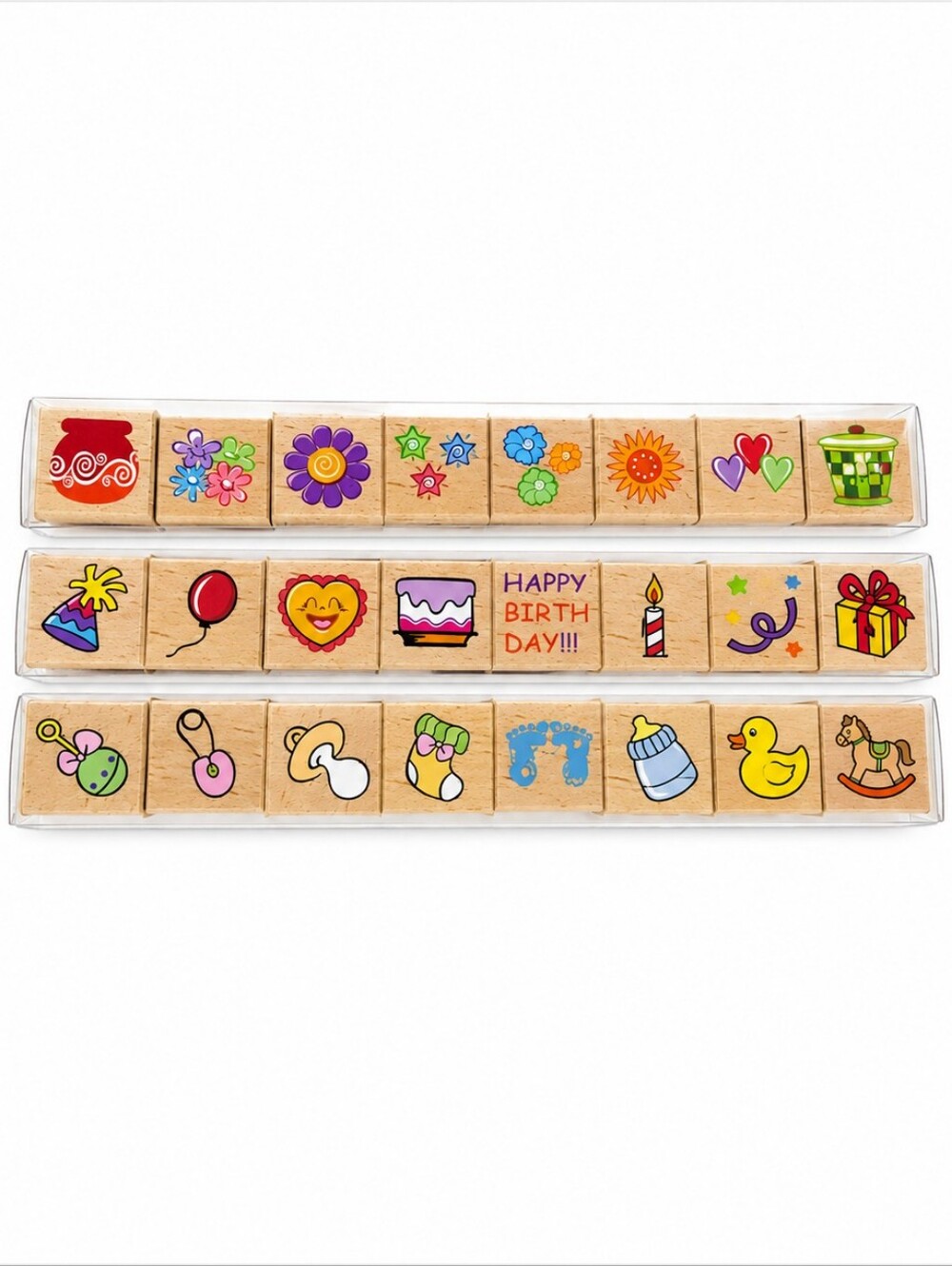 24 Wood Mounted Rubber Stamps All Occasion Set w/ Storage Trays Craft